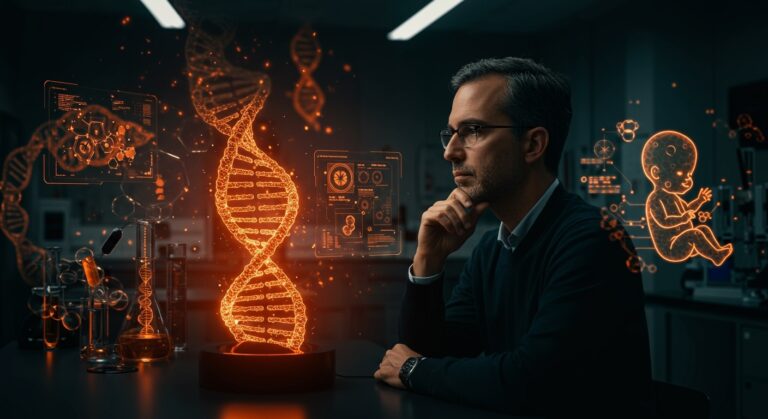 Sam Altman en laboratorio innovador de Silicon Valley con hélice de ADN iluminada, simbolizando edición genética y ética en biotecnología.