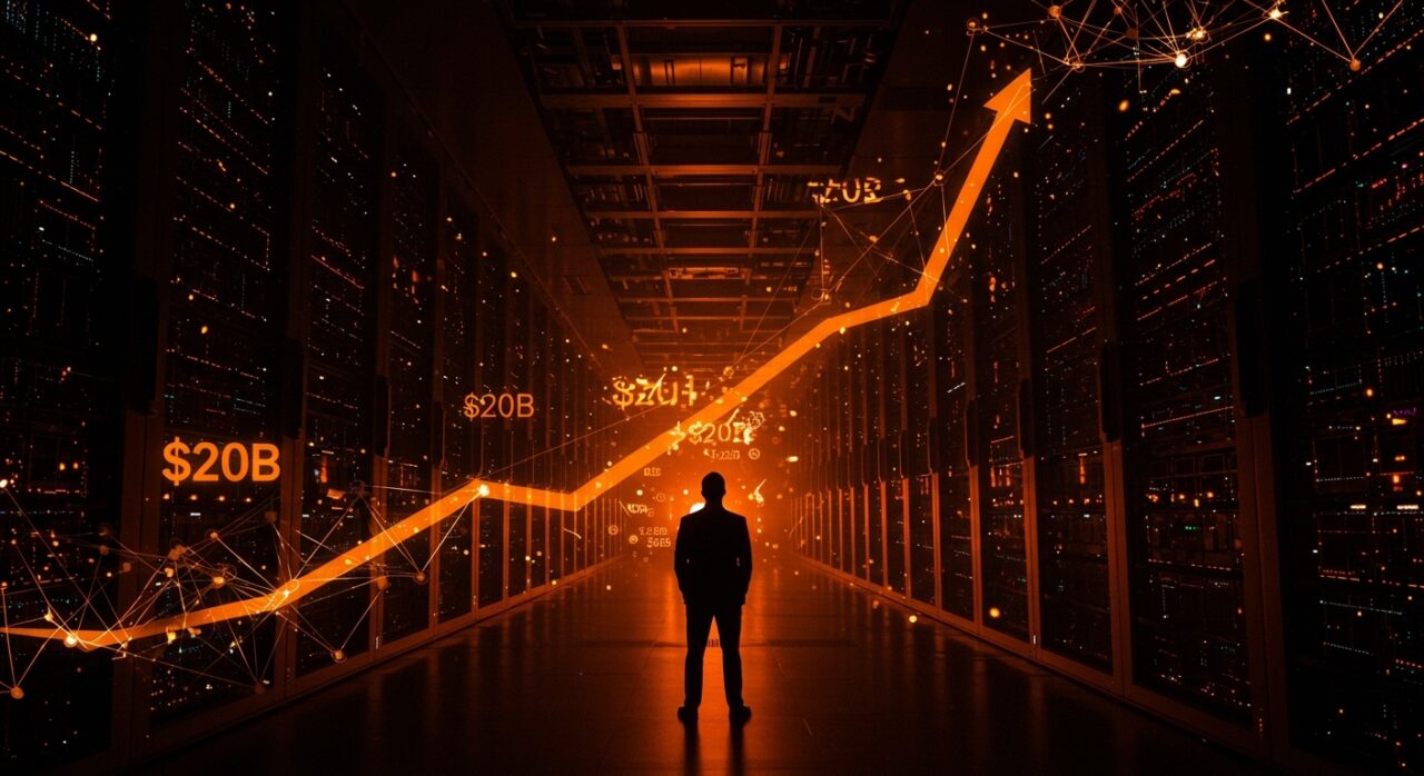 Sam Altman frente a centros de datos futuristas, simbolizando el crecimiento de OpenAI con $20B en ARR y $1.4 billones en inversiones tecnológicas.