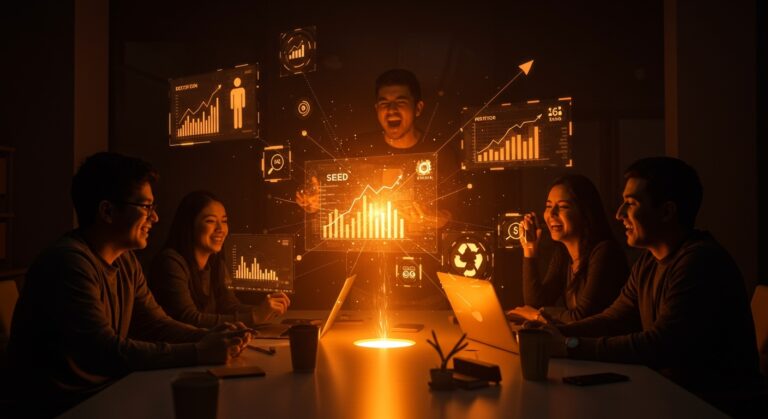 Startups mexicanas recibiendo capital semilla y mentoría internacional en un ambiente innovador de sostenibilidad y emprendimiento tecnológico.