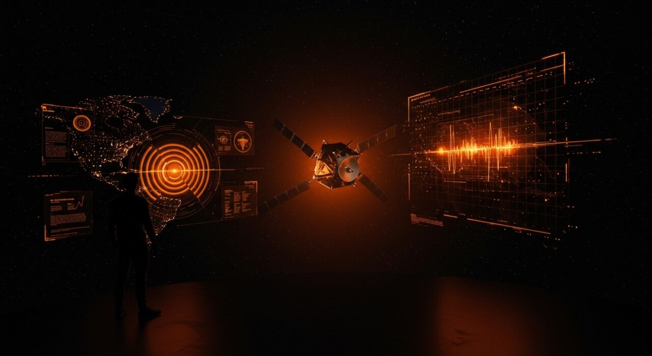 Satélite de SpaceX Starshield en órbita con metáforas visuales de regulación satelital y frecuencias, reflejando desafíos para startups tecnológicas.