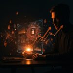 Seguridad en IA generativa representada por un fundador analizando datos holográficos con símbolos abstractos de protección y crecimiento empresarial en tonos naranja y negro.