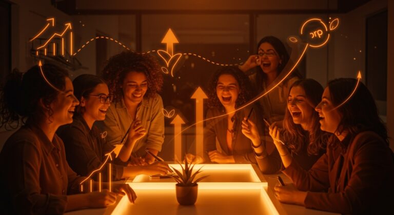 Mujeres emprendedoras colaborando en un entorno innovador con elementos visuales que representan el financiamiento sostenible del programa Semilla Inicia de Corfo.