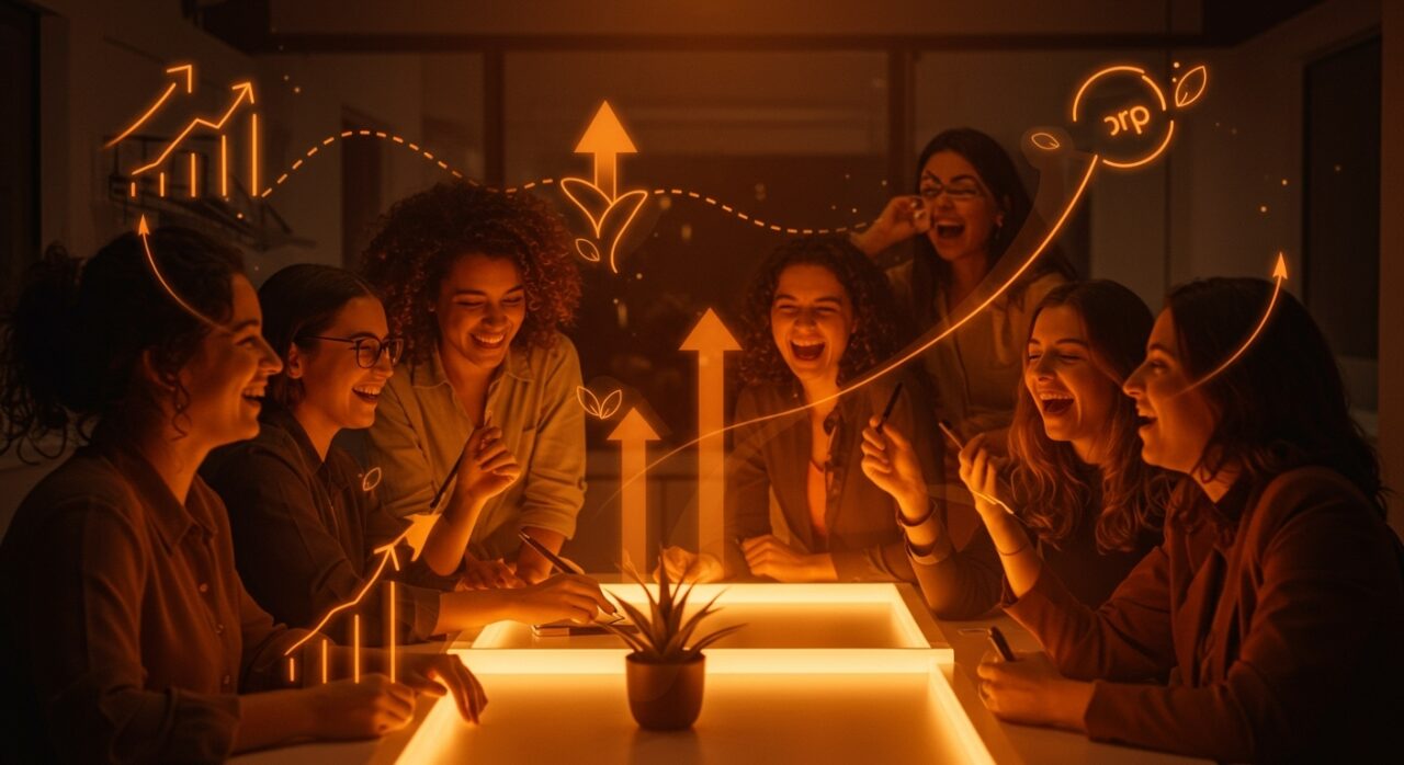 Mujeres emprendedoras colaborando en un entorno innovador con elementos visuales que representan el financiamiento sostenible del programa Semilla Inicia de Corfo.