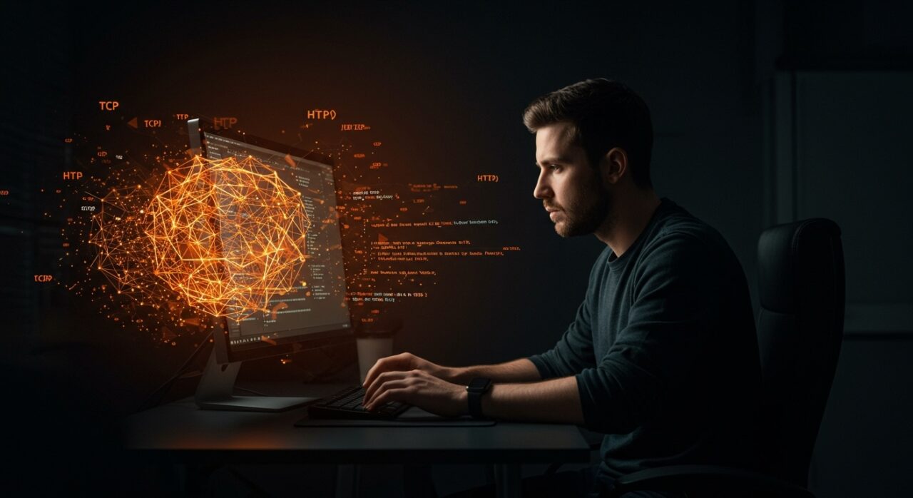 Desarrollador creando un servidor web en C++ sobre un sistema operativo personalizado, ilustrando retos y aprendizajes en tecnología profunda y networking.