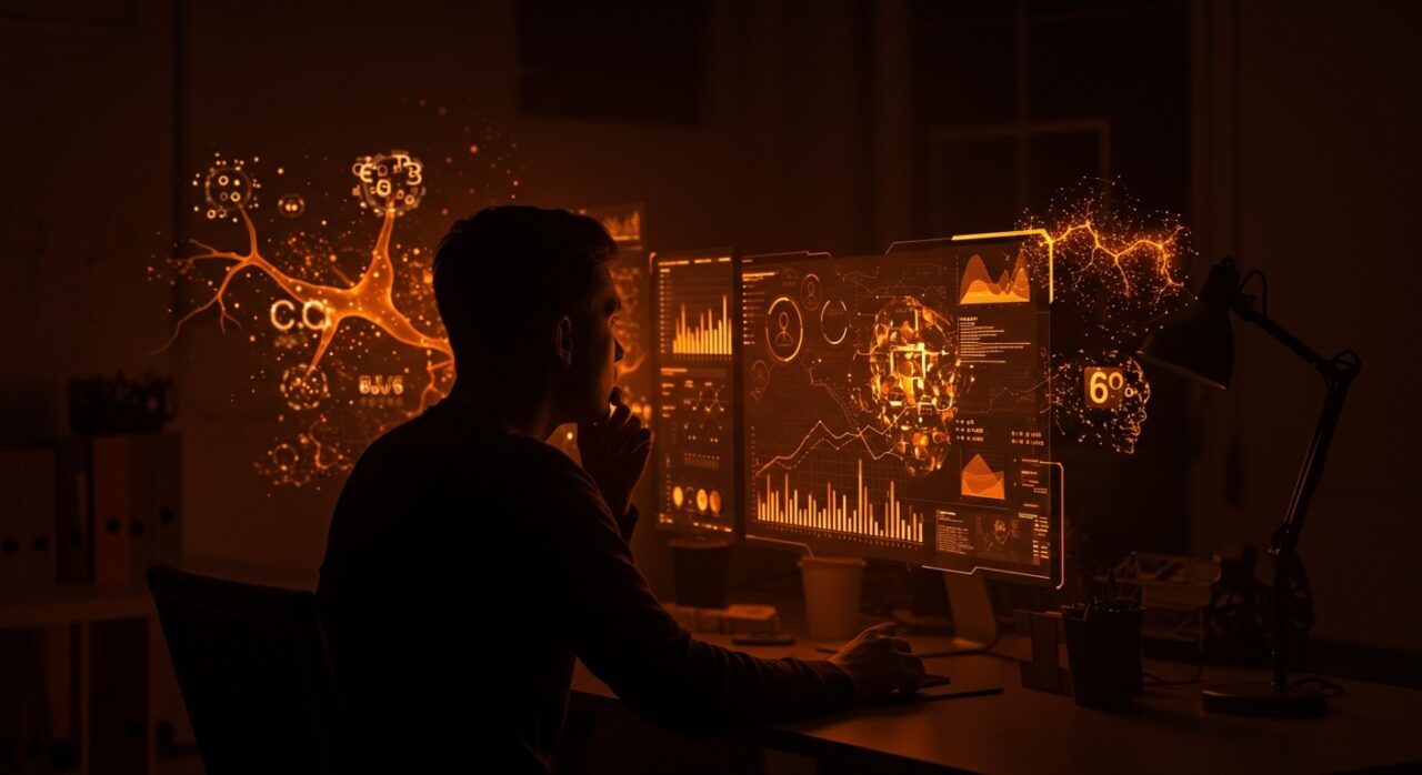 Fundador tech analizando sesgos en inteligencia artificial y LLM en un entorno de startup, con representaciones visuales de algoritmos y demografía.