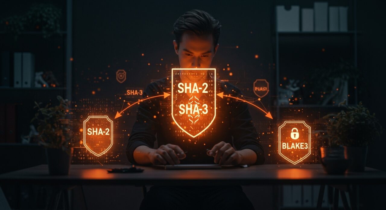 Comparativa visual de funciones hash SHA-2, SHA-3 y BLAKE3 en entorno tecnológico para SaaS y startups con enfoque en seguridad y rendimiento.