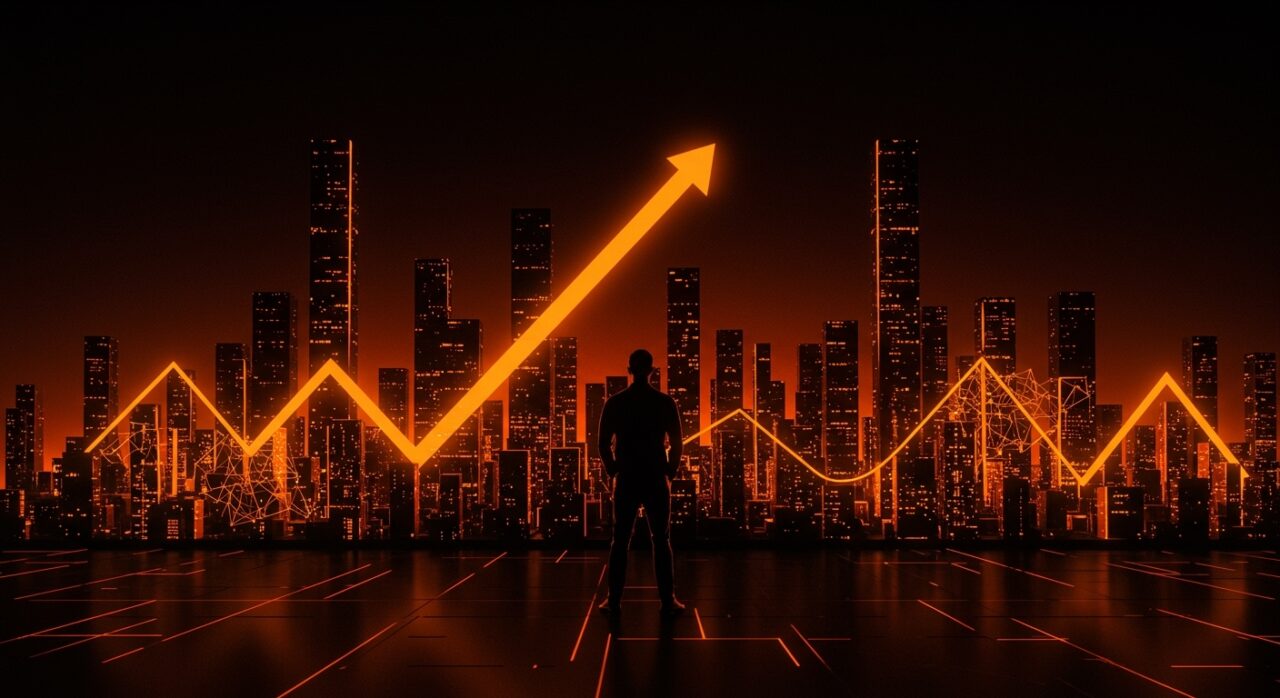 Retrato de fundador de startup con paisaje digital resaltando crecimiento SaaS y éxito en IA en Ecosistema Startup.