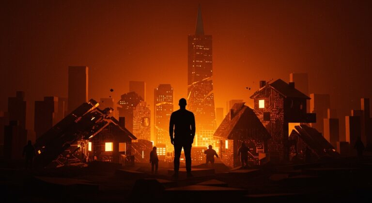 Crisis de vivienda en Silicon Valley representada por un fundador tecnológico ante un skyline fragmentado que refleja desigualdad social y el declive del idealismo tech.