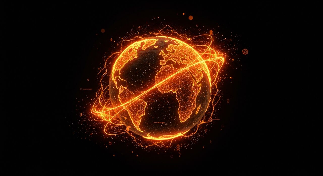 Simulación planetaria avanzada en GPU usando compute shaders y optimización, representada por un planeta digital luminoso con fluidos y mallas en paleta naranja y negro.