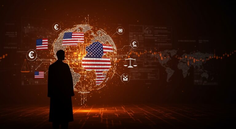 Silueta del juez francés con fondo digital que representa la soberanía digital y dependencia tecnológica entre Europa y EE.UU. en ecosistema startup.