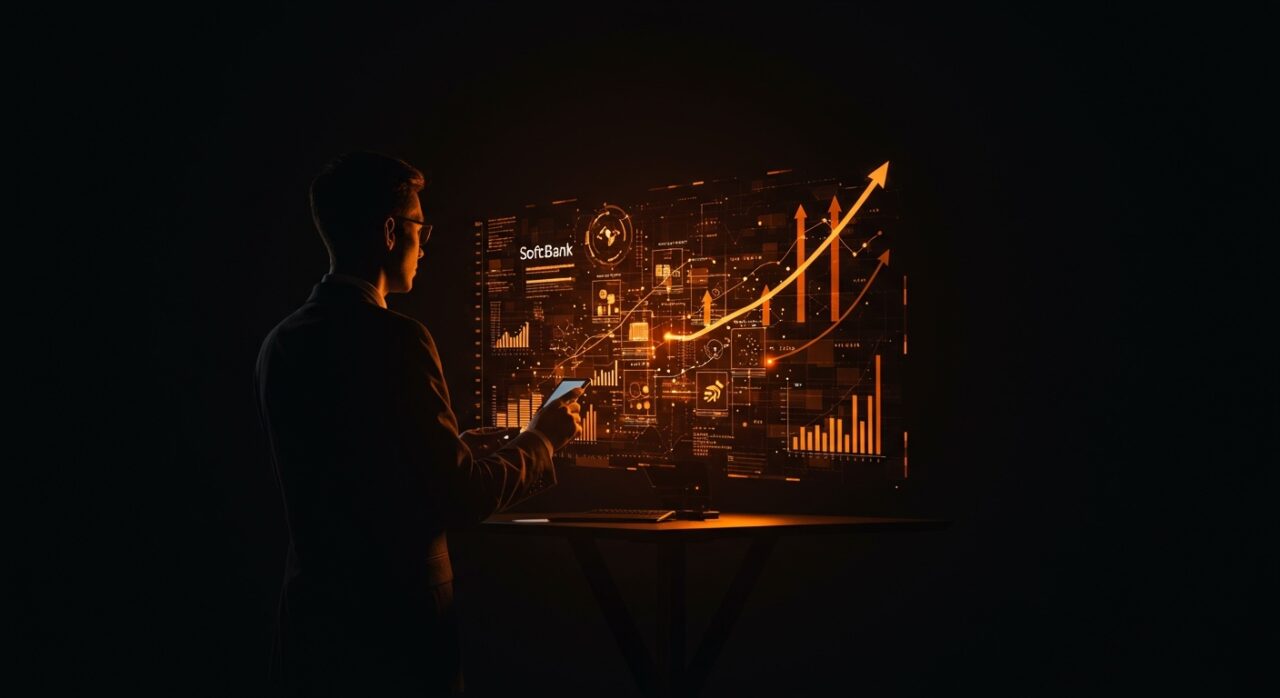 Ejecutivo de SoftBank frente a un portafolio digital con metáforas visuales de inteligencia artificial e inversión en startups tecnológicas.