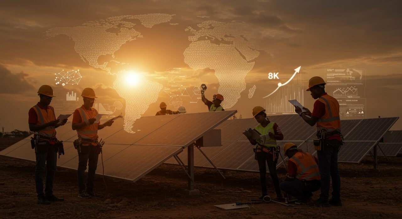 Ingenieros solares africanos trabajando en energía renovable impulsando innovación y startups de tecnología sustentable.