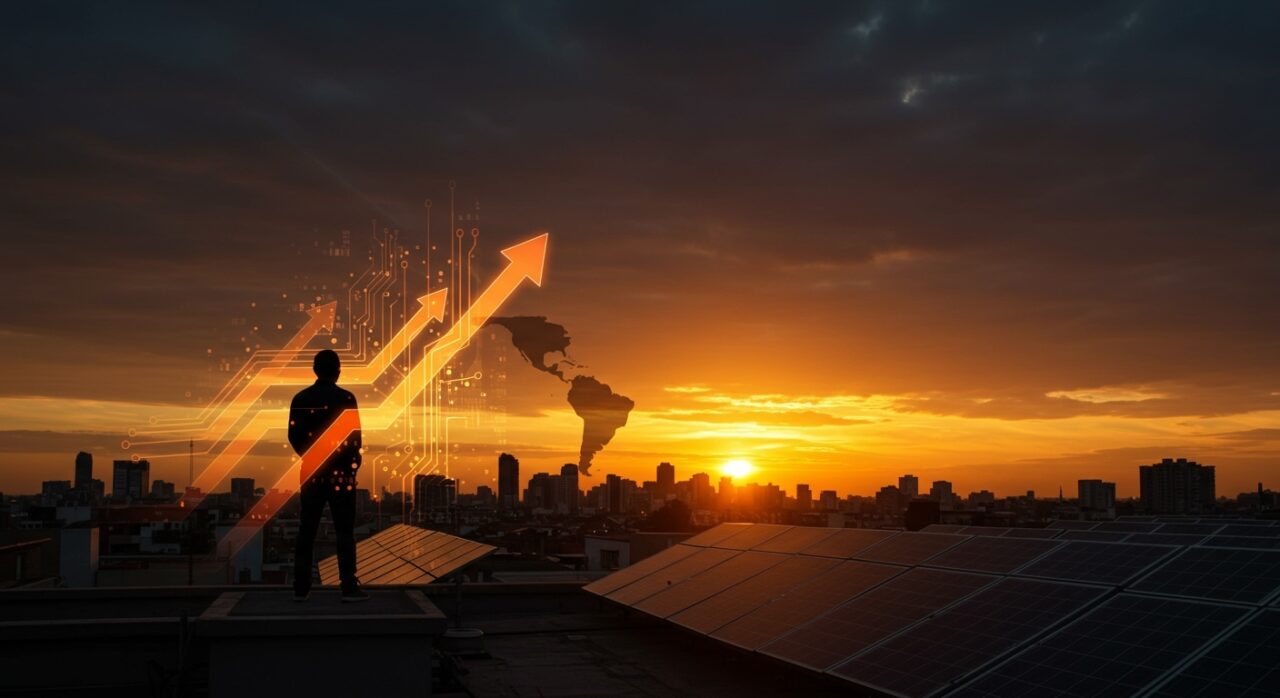 Líder de startup uruguaya Solfium frente a paneles solares, representando expansión y funding en energía solar en LATAM.