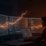 Desarrollador supervisando código generado por inteligencia artificial en un entorno tecnológico con metáforas visuales sobre IA y tendencias en el desarrollo de software.