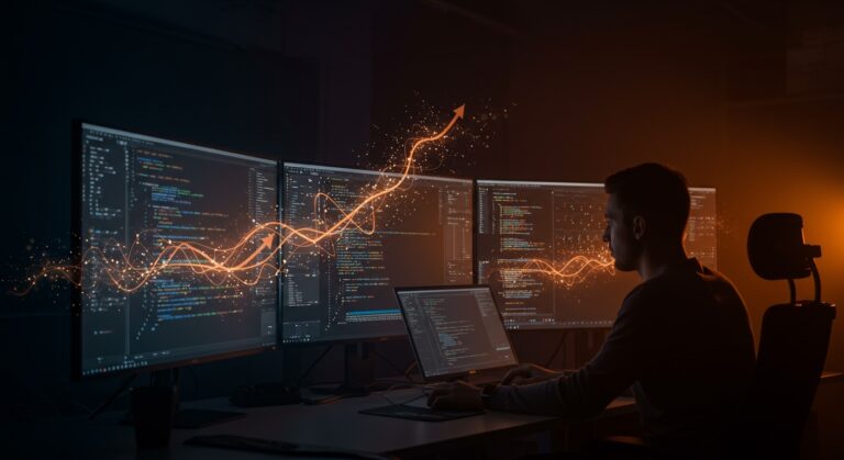 Desarrollador supervisando código generado por inteligencia artificial en un entorno tecnológico con metáforas visuales sobre IA y tendencias en el desarrollo de software.