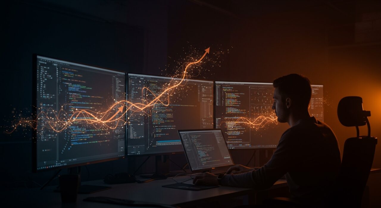 Desarrollador supervisando código generado por inteligencia artificial en un entorno tecnológico con metáforas visuales sobre IA y tendencias en el desarrollo de software.