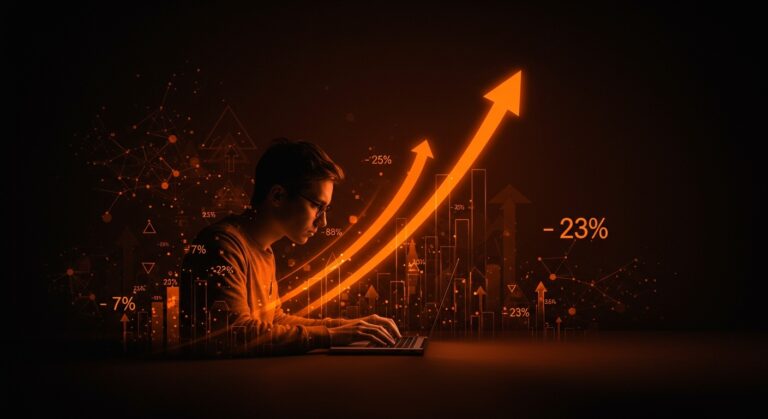 Emprendedor solitario trabajando en laptop en un entorno digital que simboliza el crecimiento de startups y la influencia de la inteligencia artificial en España.