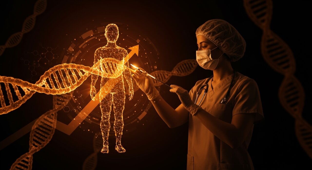 Profesional de salud usando terapia génica en un entorno tecnológico resaltando innovación biotech y modelos de negocio sostenibles.