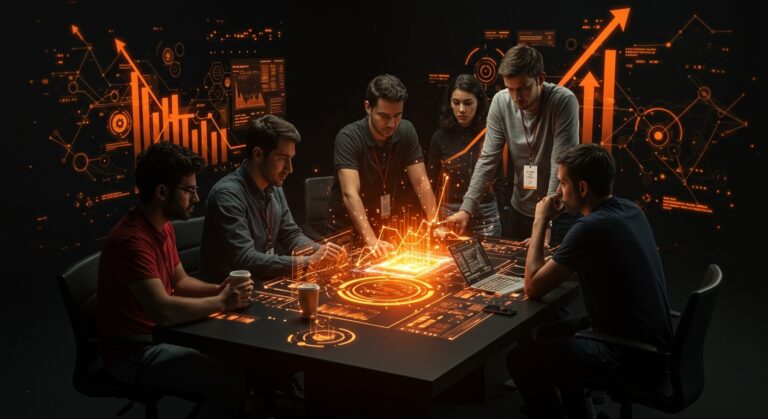 Startups latinoamericanas colaborando y liderando innovación en South Summit Brazil con representaciones visuales de venture capital y networking.