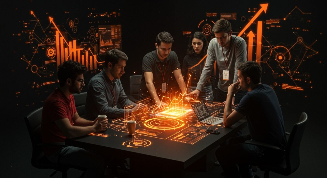 Startups latinoamericanas colaborando y liderando innovación en South Summit Brazil con representaciones visuales de venture capital y networking.