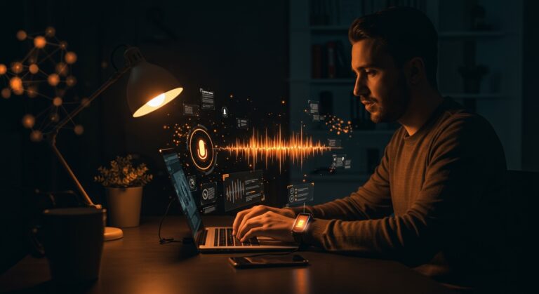 Fundador tecnológico usando escritura por voz con asistente de voz en extensión Chrome impulsado por Speechify, herramienta de automatización e IA para startups LATAM.