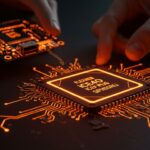 Chip iCE40 FPGA destacado en placa de circuito con iluminación naranja y negra, mostrando programación SPI para prototipos ágiles en hardware startup.