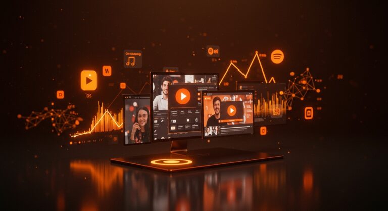 Visualización de video podcasts en crecimiento en Spotify con audiencia masiva, simbolizando tendencias en streaming y contenido digital.