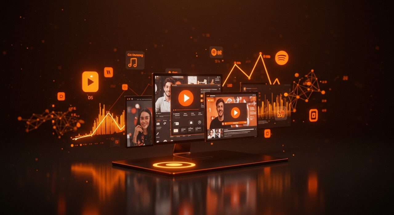 Visualización de video podcasts en crecimiento en Spotify con audiencia masiva, simbolizando tendencias en streaming y contenido digital.