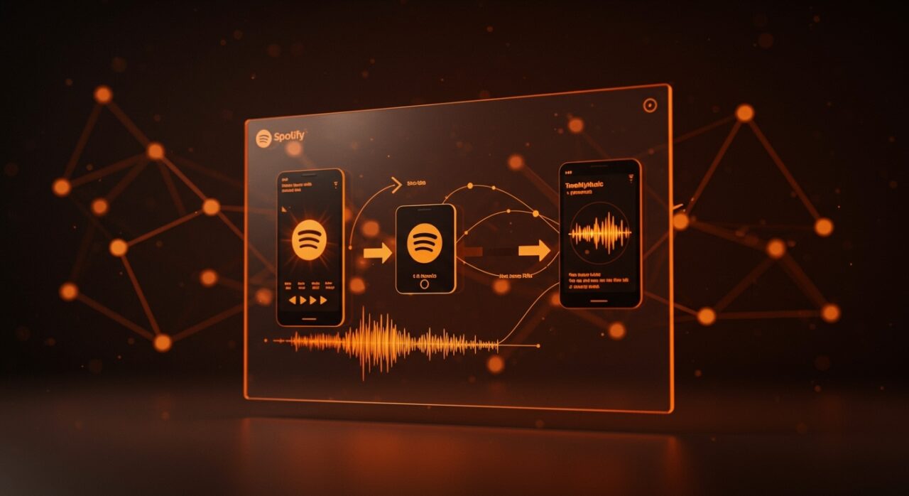 Interfaz futurista de Spotify transfiriendo playlists automáticamente entre apps de audio mediante TuneMyMusic, simbolizando la automatización en streaming.
