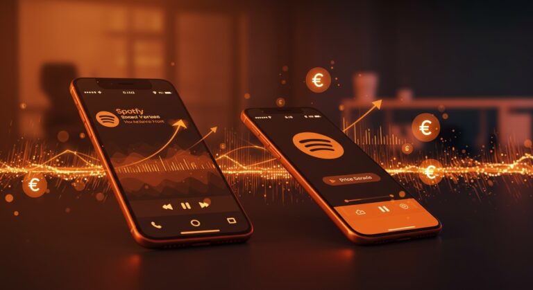Pantalla de smartphone mostrando aumento de precios en Spotify con elementos que representan modelos de suscripción e inflación en el mercado de streaming.