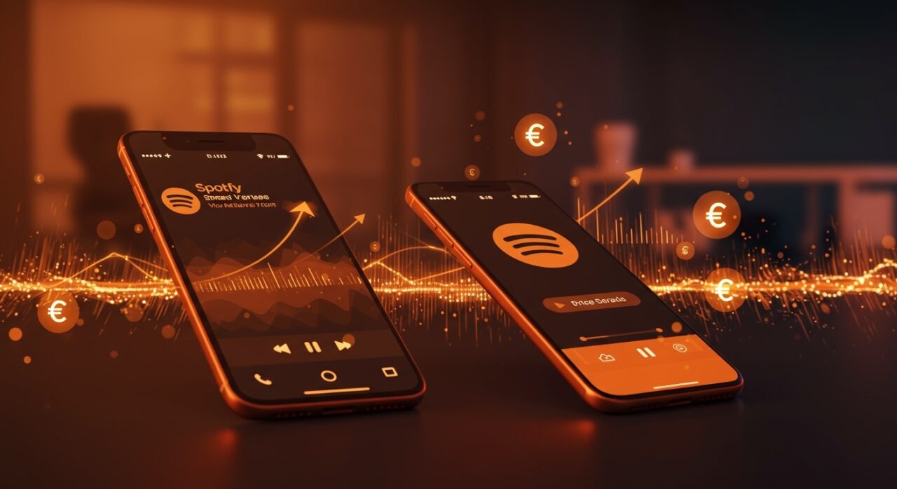 Pantalla de smartphone mostrando aumento de precios en Spotify con elementos que representan modelos de suscripción e inflación en el mercado de streaming.