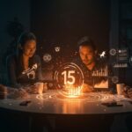 Emprendedores colaborando en un entorno futurista con gráficos holográficos que representan el impacto y crecimiento del ecosistema startup impulsado por Start-Up Chile.