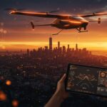 Avión personal eVTOL personalizable en vuelo sobre ciudad moderna, simbolizando innovación tecnológica y movilidad urbana de startups aeroespaciales.