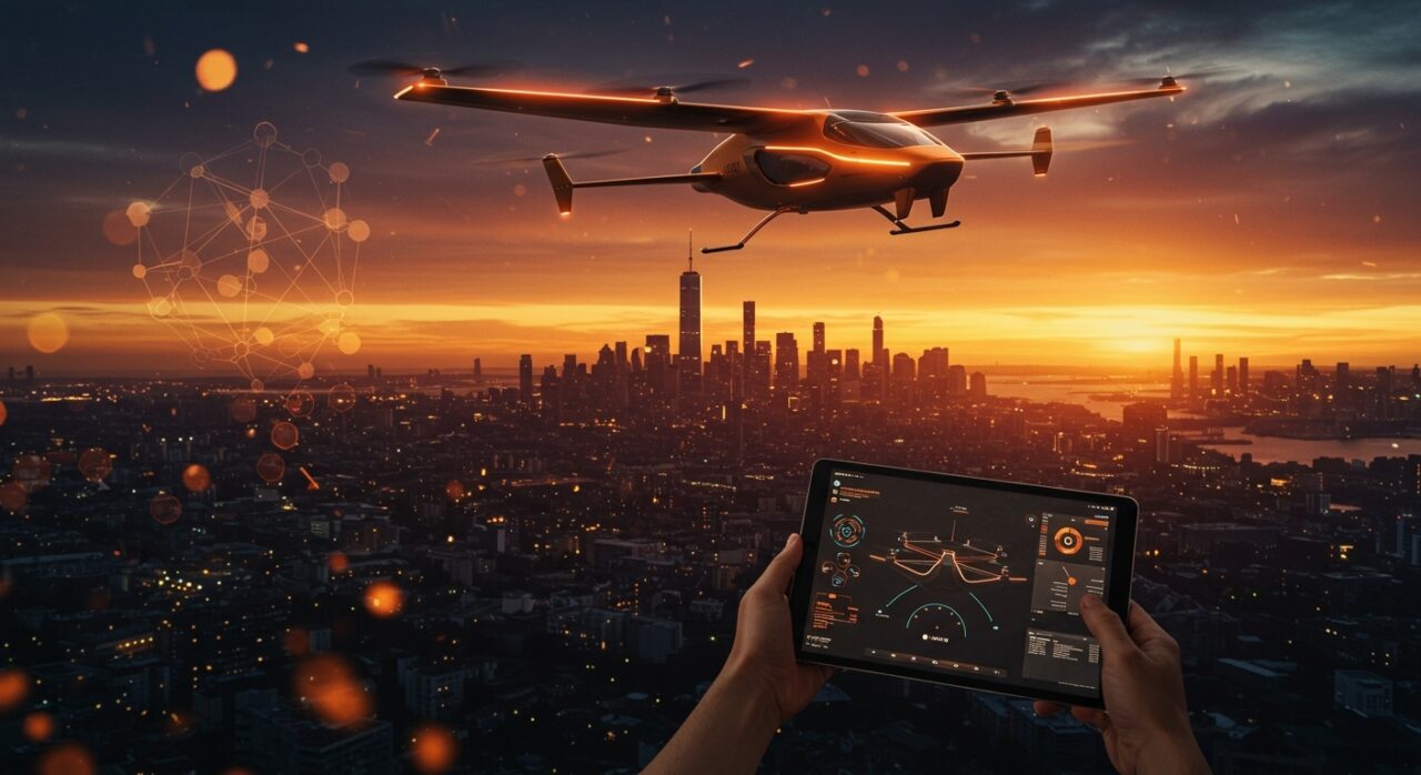 Avión personal eVTOL personalizable en vuelo sobre ciudad moderna, simbolizando innovación tecnológica y movilidad urbana de startups aeroespaciales.