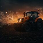 Tractor eléctrico autónomo y fundador reflexionando sobre crisis y pivot en startup agrícola de tecnología innovadora.