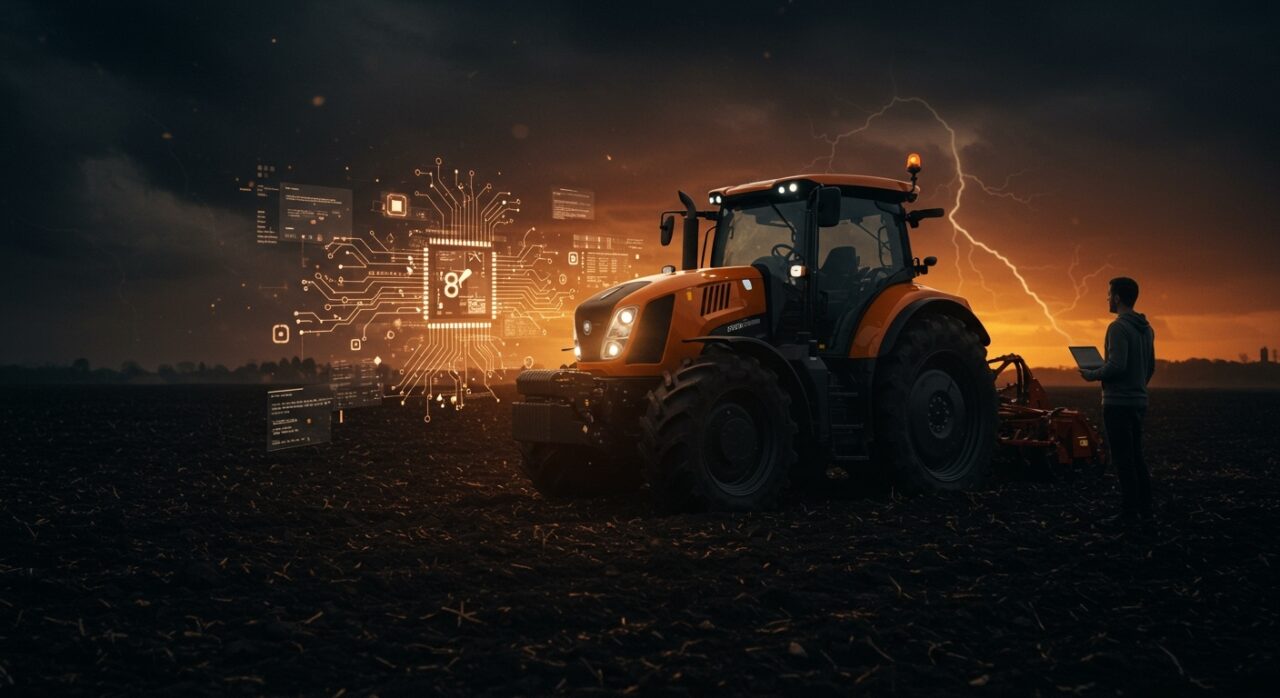 Tractor eléctrico autónomo y fundador reflexionando sobre crisis y pivot en startup agrícola de tecnología innovadora.