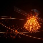 Satélite futurista de la startup alemana Proyecto-S limpiando basura espacial con tecnología sostenible en órbita terrestre.