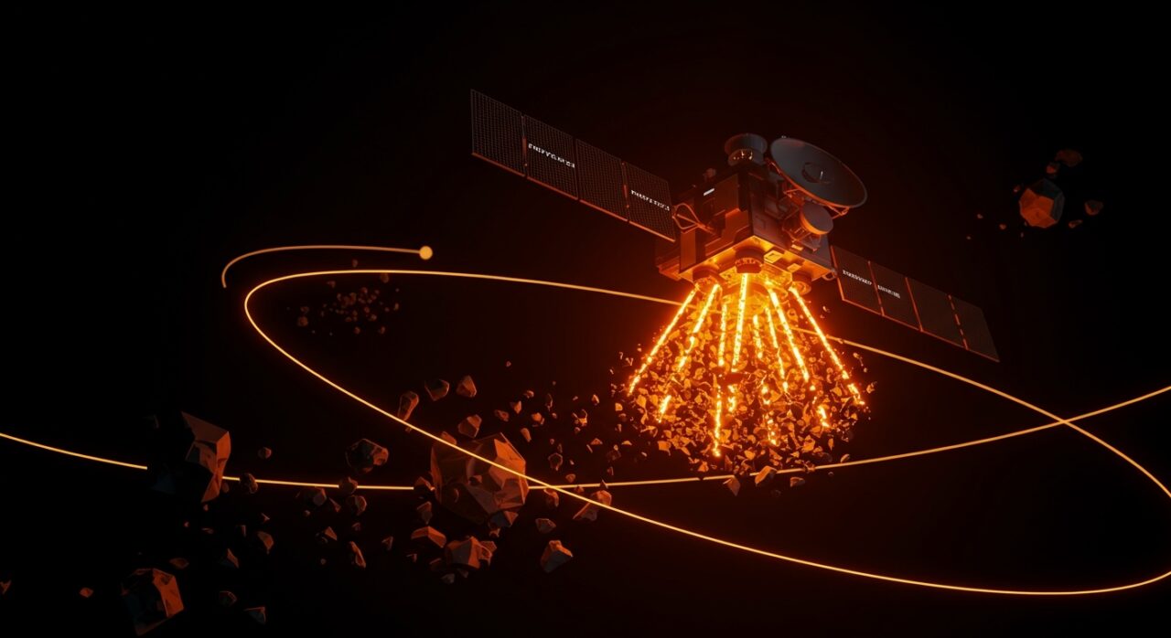 Satélite futurista de la startup alemana Proyecto-S limpiando basura espacial con tecnología sostenible en órbita terrestre.