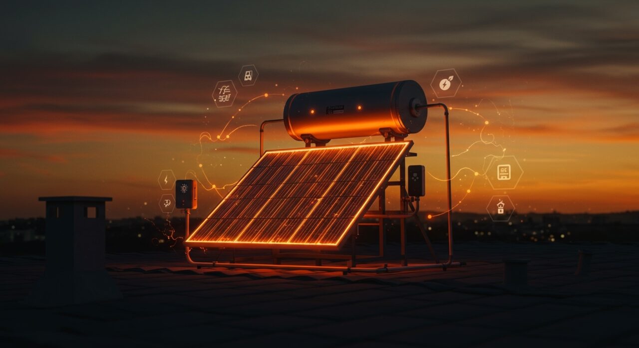 Calentador de agua solar residencial con inteligencia artificial y corriente continua optimizando energía renovable para sostenibilidad doméstica.