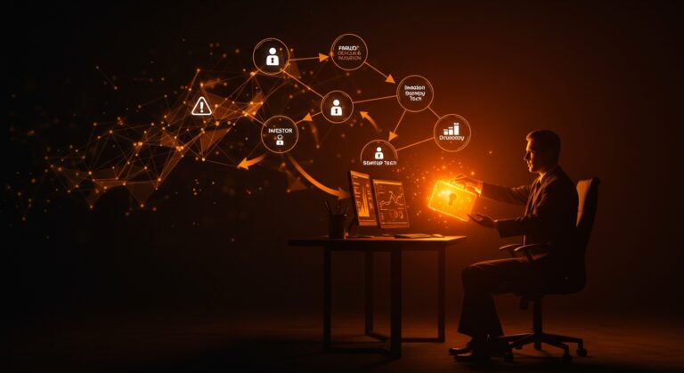 Imagen editorial de CEO en una startup tech con metáforas visuales sobre fraude financiero y confianza inversora en financiamiento.