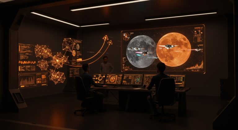 Startup espacial innovadora usando propulsores iónicos para logística de misiones lunares y a Marte destacada en tecnología espacial.