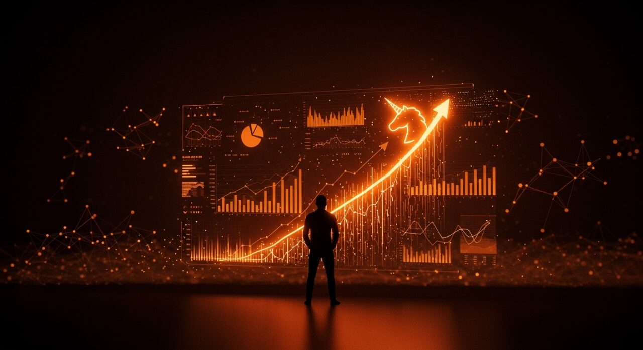 Fundador de startup de inteligencia artificial frente a gráficos de crecimiento y símbolo de unicornio en entorno tecnológico de ecosistema startup.