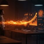 Fundadora de startup tecnológica frente a interfaz futurista mostrando crecimiento de funding y redes neuronales de IA en estilo editorial Ecosistema Startup.