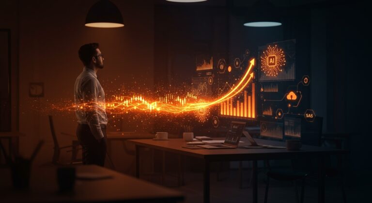 Fundadora de startup tecnológica frente a interfaz futurista mostrando crecimiento de funding y redes neuronales de IA en estilo editorial Ecosistema Startup.