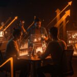 Startups colaborando en un espacio moderno con interfaces holográficas, simbolizando innovación sostenible, financiamiento y escalamiento en el ecosistema startup.