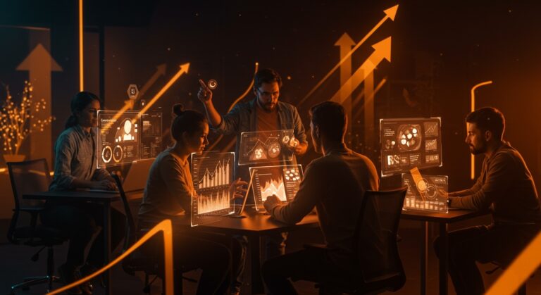 Startups colaborando en un espacio moderno con interfaces holográficas, simbolizando innovación sostenible, financiamiento y escalamiento en el ecosistema startup.