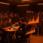 Fundadores de startups colaborando en un entorno tecnológico con representaciones visuales de venture capital y crecimiento temprano en Betaworks Camp.