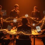 Siete startups cántabras colaborando en Startup Day Pamplona con apoyo de SODERCAN, simbolizando innovación, emprendimiento y networking.