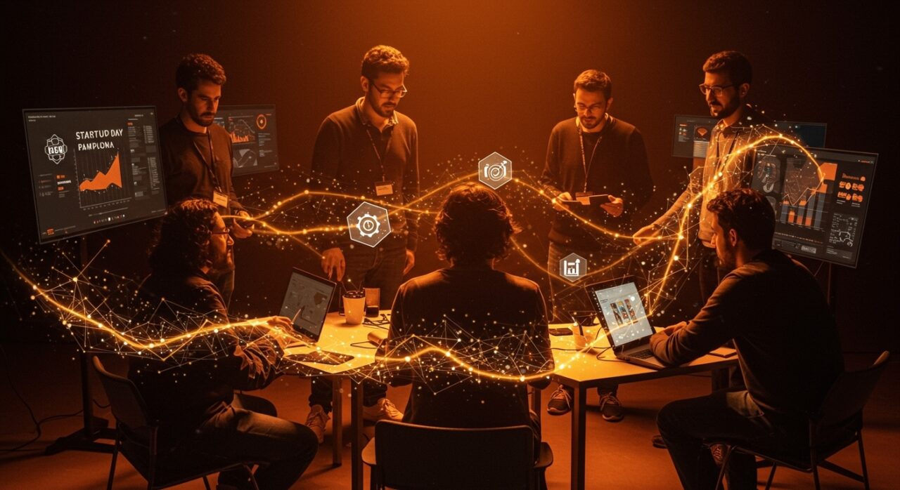Siete startups cántabras colaborando en Startup Day Pamplona con apoyo de SODERCAN, simbolizando innovación, emprendimiento y networking.