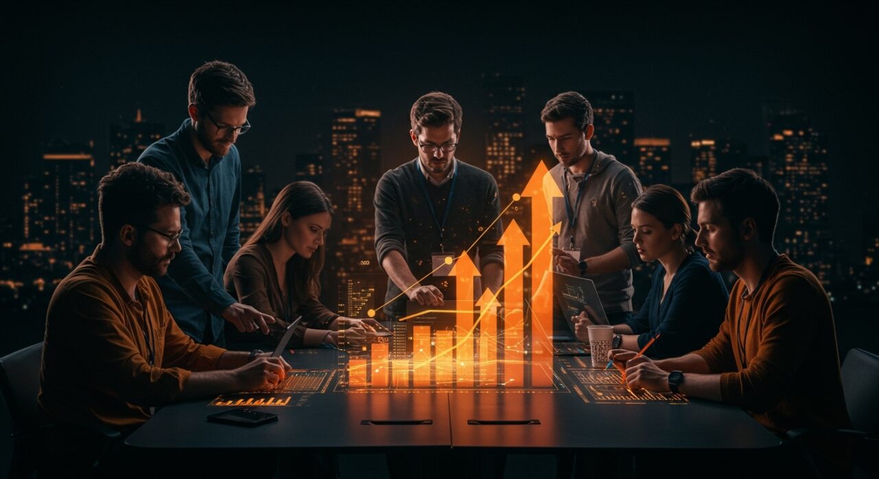 Grupo de emprendedores colaborando en un entorno digital que simboliza el ecosistema de startups y crecimiento empresarial en España.